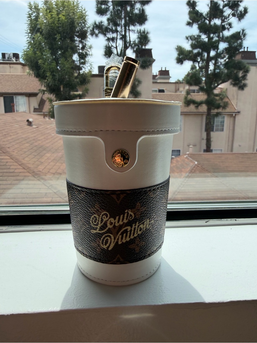 Louis Vuitton White and Brown Logo Leather Cup Bag Charm